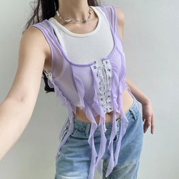 Women's Tanks Ruffle Fairy Vest Tops See-Through Sleeveless Mesh Sheer Crop Tank Women Summer Cross Tie-up Straps Irregular Hem