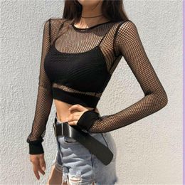 Women's T Shirts Sexy Women Crop Top Summer Fishnet Solid Mesh For Long Sleeve Tees S