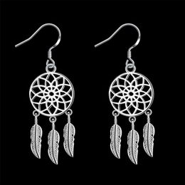 Charm Hot high quality 925 Sterling Silver Dream catcher feathers earrings for women fashion party wedding accessories Jewelry gifts G230225