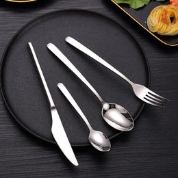 Dinnerware Sets Long Handle Thickened Stainless Steel Tableware Complete Western Silver Knife Fork Spoon Teaspoon Kitchen Accessories
