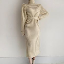 Casual Dresses High Waist Elegant 2023 Warm Korean Thick Turtleneck Sweater Dress Women Winter Knitted Woman Solid Femme Robe