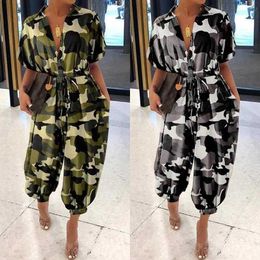 Summer Camouflage Short Sleeve Lapel Romper High Waist Casual Loose Jumpsuit