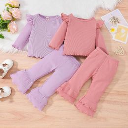 Clothing Sets Spring Autumn Kid Baby Girl Clothes Set Fashion Toddle Solid Ribbed Long Sleeve Crew Neck Tops Elastic Waist Flare Trousers