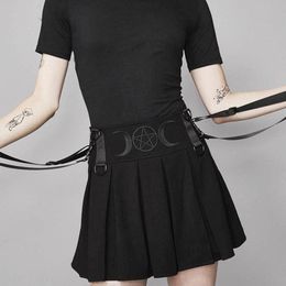 Skirts Rosetic Suspender Pleated Skirt Mini Women Summer Embroidery Moon Pentagram Goth Girl High Waist Streetwear School Black