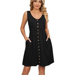 Summer Women Casual Dresses A-Line Sleeveless Button Down Elastic Waist Swing Mini Dress With Pocket