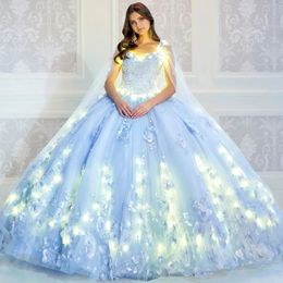 Light Sky Blue Quinceanera Dresses Sparkly Tulle Off The Shoulder 2024 Princess 3D Flowers Ball Gown Vestido De 15 Anos Sweet 16