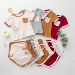 Clothing Sets 2023 0-4Y Summer Kids Baby Boy Girl Pocket Patch Short Sleeve Knitted Top Shorts Loose Cotton 2pcs Outfits Set