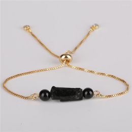 Strand Natural Rough Black Tourmaline Mineral Precious Healing Stone & Smooth Onyx Bead Link Adjustable Bracelet For Women Man