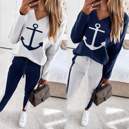 Spring Pant Womens Clothing Boat Anchor Printed Long Sleeve V Neck Fashion Casual