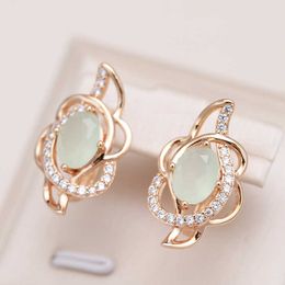 Charm Kinel New Emerald Oval Cut Zircon Earrings 585 Rose Gold Color Clip Earring Inlay Natural Zircon Crystal Flower Party Jewelry G230225