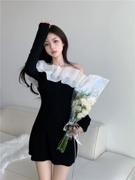 Casual Dresses Vintage Mesh Splice Off Shoulder Dress Women Autumn Long Sleeves Black Birthday Sweet Girls High Waist Wrap Hip