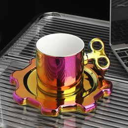 Cups Saucers Creative Clockwork Gear Cup And Saucer Gold Silver Colourful Ceramic Coffee Tea Set Luxury Wedding Birthday Gifts