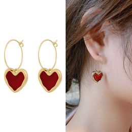 Charm Sweet Burgundy Enamel Heart Earrings for Women Girl Gold Colour Metal Love Heart Hanging Dangle Earrings Vintage Jewellery G230225