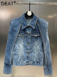 Women s Jackets DEAT autumn and winter fashion women clothes blue denim turn down collar full sleeves single breasted jacket WY44005L 230225