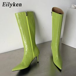 Dress Shoes Eilyken Green Purple Woman Knee High Boot Fashion Sexy Thin Heels Zipper Slim Long Booties Designer Pointed Toe Shoes 230225