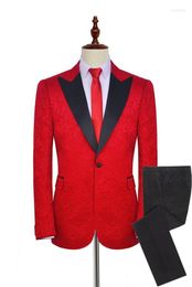 Men's Suits Men Red Pattern With Black Groom Tuxedos Shawl Lapel Groomsmen Wedding Man 2 Pieces ( Jacket Pants Tie ) C786