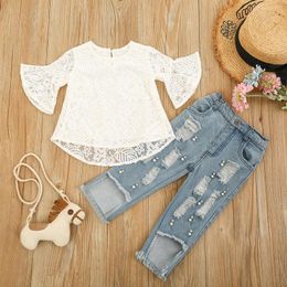 Clothing Sets 2PCS Toddler Girls Princess Clothes Flared Sleeve Flower Leaves Lace Tops Ripped Jeans Kids Children Fashion Outfits Suit