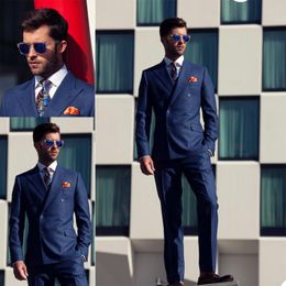 Men's Suits & Blazers Double Breasted Men Tailor-Made 2 Pieces Navy Blue Tiny Plaid High Quality Formal Wedding Business Causal Prom