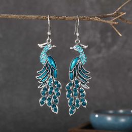 Charm Blue Rhinestone Ethnic Peacock Earrings Indian Jewelry Vintage Silver Color Crystal Dangle Hanging Earrings For Women Pendientes G230225