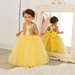 Girl Dresses Yellow Puffy Flower Dress Baby Birthday Sequin Top With Big Bow Little Girls Pageant Party Gown Custom