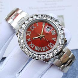 Top Quality Men Women Diamond Iced Out Watches Bling Red Dial Stainless Steel Mens Automatic Watch Mechanical Movement Glide Sport173e
