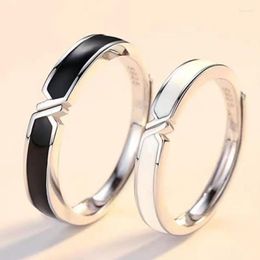 Wedding Rings Copper Plated Silver Enamel Open Black White Fashion Couple Ring Lover Adjustable Drip Oil Finger Jewelry Wholesale Drop