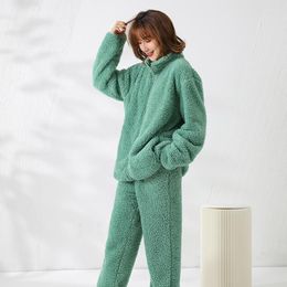 Abbigliamento da donna inverno inverno in cashmere abito pigiama camicia a maniche lunghe calde pantaloni coreani Colore solido Famiglia di base