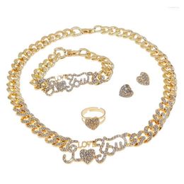 Necklace Earrings Set & High Quality Latest Fashion Ladies Gold Plated Cuban Chain I Love You Four Piece Women's Wedding Banquet Jewellery Str