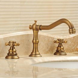 Bathroom Sink Faucets Antique Brass Finished Deck Mounted Three Holes Double Handles Widespread Faucet Basin Mixer Tap