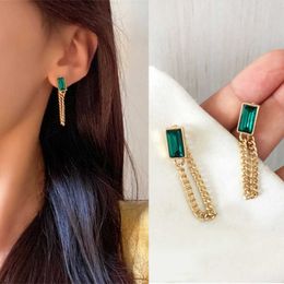 Charm 1Pairs Classic Geometric Rectangle Green Zircon Stainless Steel Chain Tassel Earrings Girl's Unusual Accessories for Women G230225