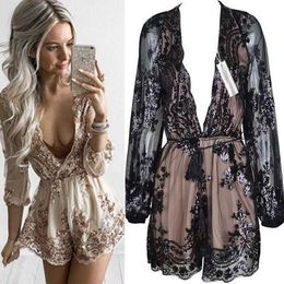 Deep V Neck Sexy Jumpsuit Sequined Champagne Gold Rope Shorts For Women