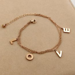 Anklets Fashion Stainless Steel Love Letter Charm Foot Chain Rose Gold Colour Double-deck Anklet Bracelet Woman Gift