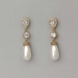 Charm Trendy Delicate Gold Plated Filled Pearl Bridal Earrings Fashion Hand Hanging Zircon Drop Earrings Wedding Earrings G230225