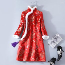Ethnic Clothing Winter Dress 2023 Chinese Traditional Midi Elegant Dresses Qipao Warm Red Year Cheongsam DD1924Ethnic