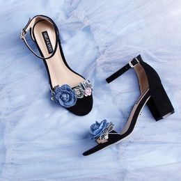 Sandals Women Floral Wedding Shoes Black Pumps 7cm Block High Heels Bride Ladies Ankle Bags Straps Plus Size