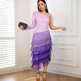 Casual Dresses Women Party 2023 Purple Tassel One Shoulder Midi Chic Robes Irregular Patchwork Big Size Formal