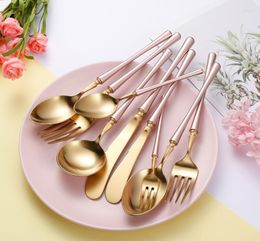 Dinnerware Sets Pink Handle Spoon Fork Knife Set Household Dinning Table Gold Plated Matte Cutlery 304 Stainless Steel