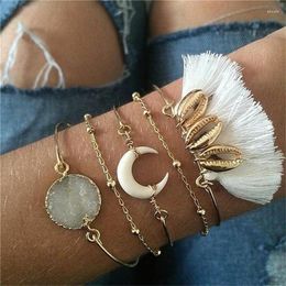 Charm Bracelets Bohemian Jewellery For Women Trendy White Crystal Moon Shell Tassel Chain & Banglets Lady 5Pcs/set Boho Accessories