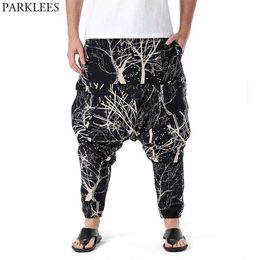 Men's Pants Men's Hip Hop Baggy Harem Low Crotch Pants Stylish Branches Printed Genie Boho Pants Cotton Casual Hippie Streetwear Trousers Z0225