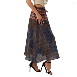 Skirts Retro Women Summer Long Female Vintage Stripes Print Mesh Bohemian Style High Waist A Line Skirt Beachwear