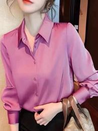 Women's Blouses & Shirts Elegant Women Buttoned -Neck Satin Blouse Summer 2023 Fashion Office Lady Pink Tops Long Sleeve Oversize Chic Cloth