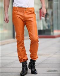 Men's Pants Fashion Faux Leather Men Orange Slim Casual Nightclub Male Plue Size Motorcycle Trousers