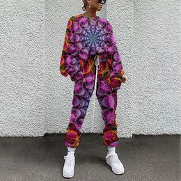 Women's Hoodies Two Piece Sets Women Long Sleeve Pullover Tracksuit Spring Autumn Trouser Suits Purple Floral Print Sweatshirt Sportswear