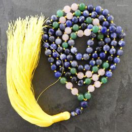 Pendant Necklaces 8mm Sodalite Green Adventurine Knotted Mala Necklace 108 Beads With Yellow Tassel Chakra Jewellery Yoga Gift For Him