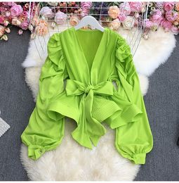 Women Temperament Strap Waist Closed Solid Bow Shirt Puff Long Sleeve Top Blouse Top Sweet Korea Summer 2024