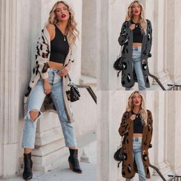 Women's Jackets 2023 Winter Light Luxury Fashion Women V-neck Leopard Knitted Cardigan Comfortable Casual Sweater Long Coat BoutiqueClothing