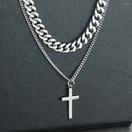 Choker Heart Cross Pendant Necklace Stainless Steel Engraved Silver Colour Double Layer Women Lady