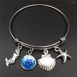 Bangle Stainless Steel Expandable Wire Beach Sea Mermaid Charm Bracelet DIY Handmade Jewelry Gift For Girls And Women