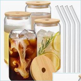 Tumblers 12Oz 16Oz Sublimation Clear Glass Tumbler Frosted Cola Can Bamboo Lid Beer Cocktail Cup Whiskey Coffee Mug Iced Tea Dhgmt
