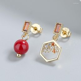 Stud Earrings Asymmetrical Small Women's Simple Special Red Crystal Cherry Geometric Pendant Earring